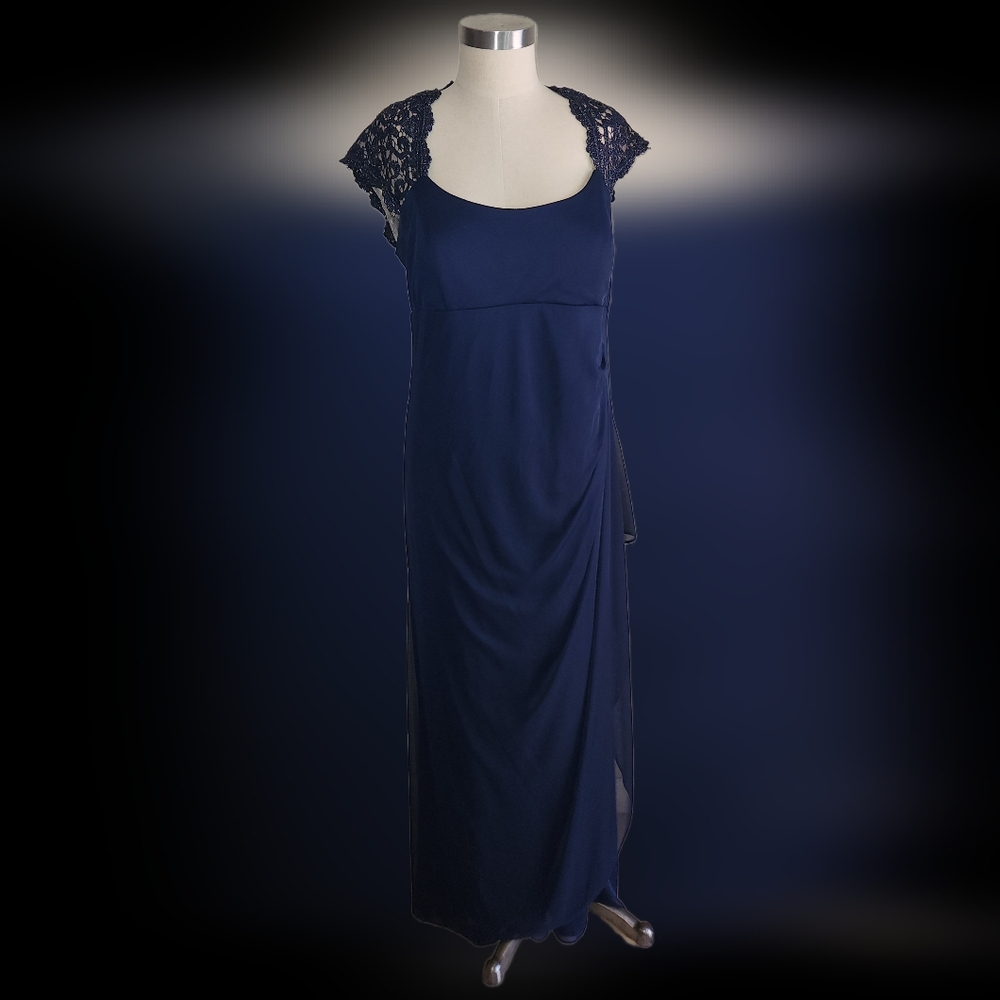 X by Xscape women's Navy Blue Lace Trim Gown in size 16